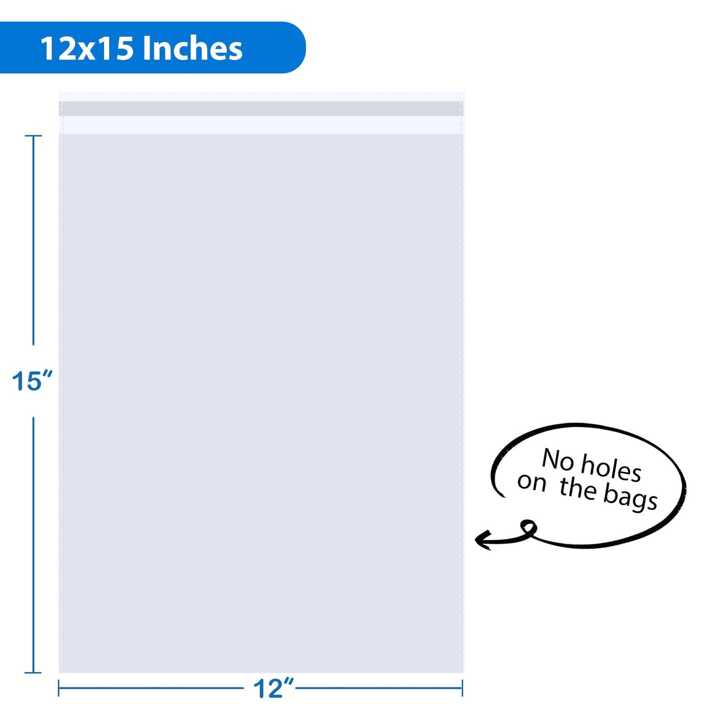 PigPotParty 12" x 15" Clear Plastic T-Shirt Bags with Clothing Size Stickers, 100 Pcs Cellophane Shirt Sleeves Packaging Bags for Small Business, Thick, Self-adhesive & Resealable