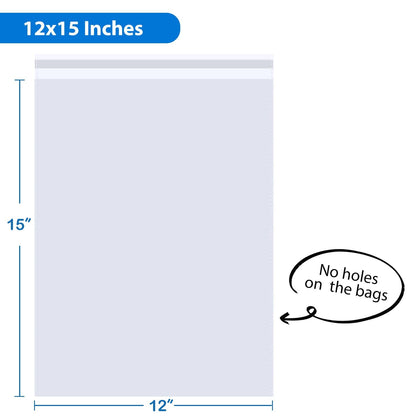 PigPotParty 12" x 15" Clear Plastic T-Shirt Bags with Clothing Size Stickers, 100 Pcs Cellophane Shirt Sleeves Packaging Bags for Small Business, Thick, Self-adhesive & Resealable