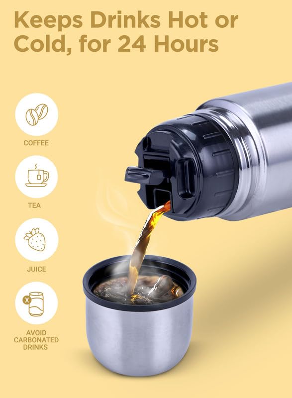 Milton Thermosteel Flip Lid 1000, Double Walled Vacuum Insulated Thermos 1000 ml | 34 oz | 1 Ltr | 24 Hours Hot and Cold Water Bottle with Cover, Stainless Steel, BPA Free,Leak Proof | Silver