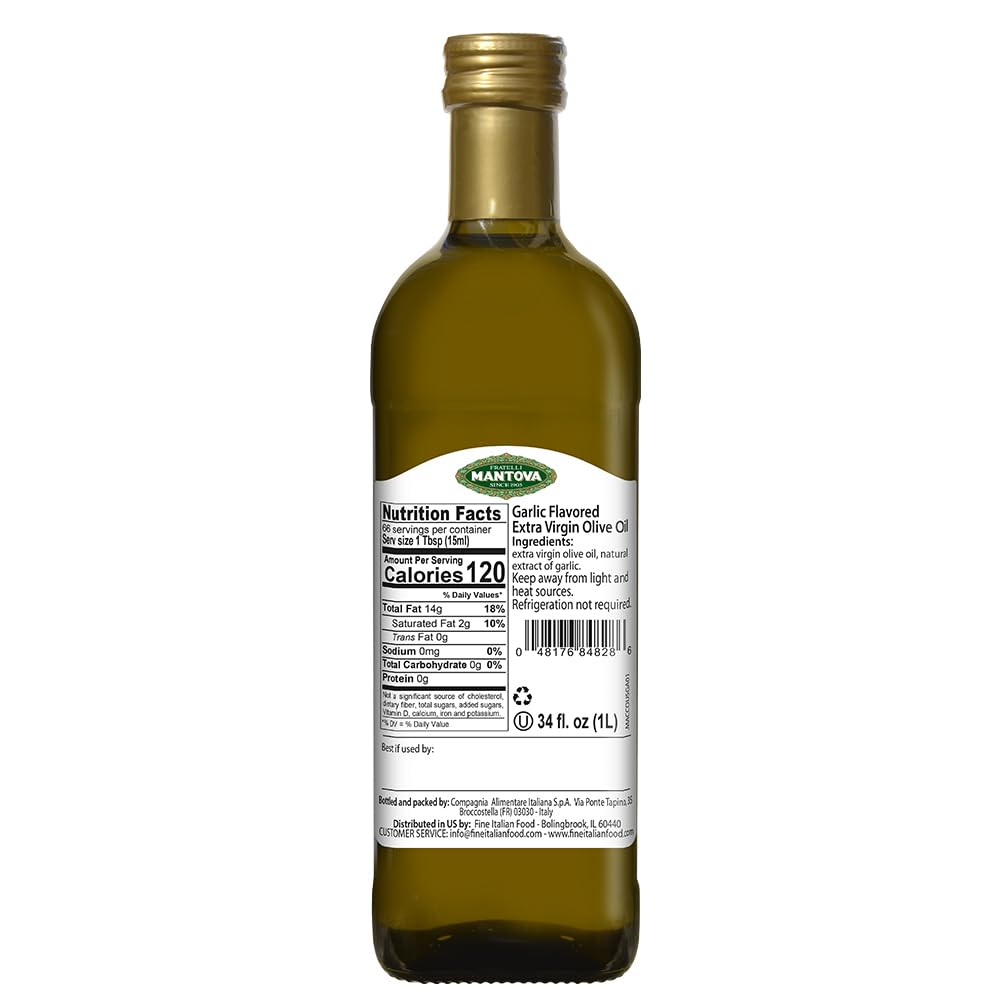 Mantova Garlic Extra Virgin Olive Oil (EVOO) - Cold-Pressed, Premium Quality, Imported from Italy - Perfect for Topping Salads, Vegetables, Pasta Salad, Dipping Italian Bread, or Pan-Frying (Pack of 1)