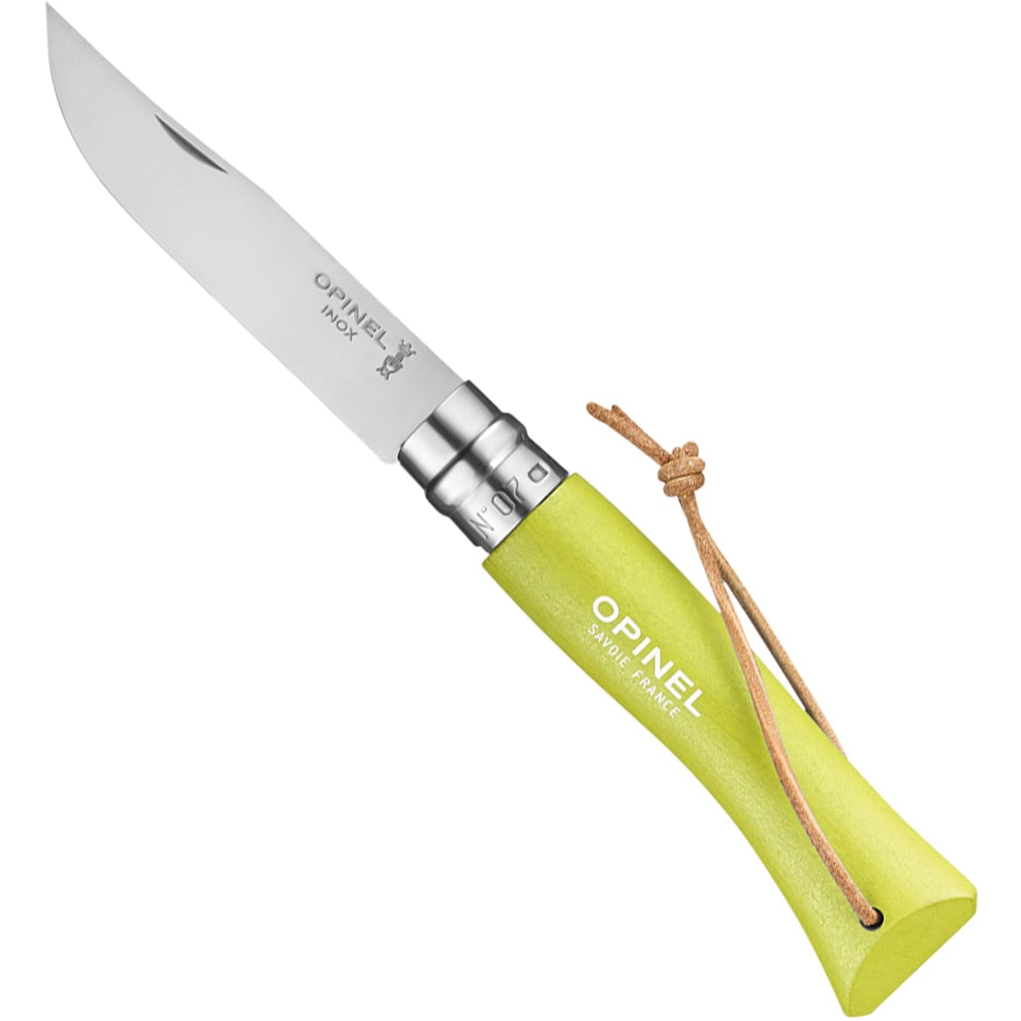 Opinel Colorama No.07 Folding Pocket Knife, Painted Wood Handles, Leather Lanyard (Anise)