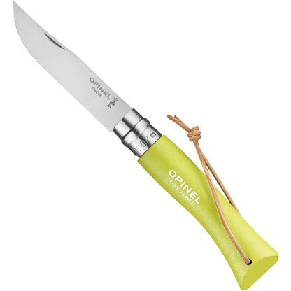 Opinel Colorama No.07 Folding Pocket Knife, Painted Wood Handles, Leather Lanyard (Anise)