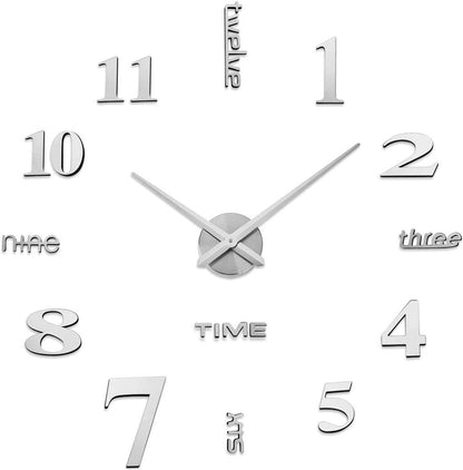 AILILIFE 3D DIY Wall Clock Decor Sticker Mirror Frameless Large DIY Wall Clock Kit for Home Living Room Bedroom Office Decoration (Sliver)