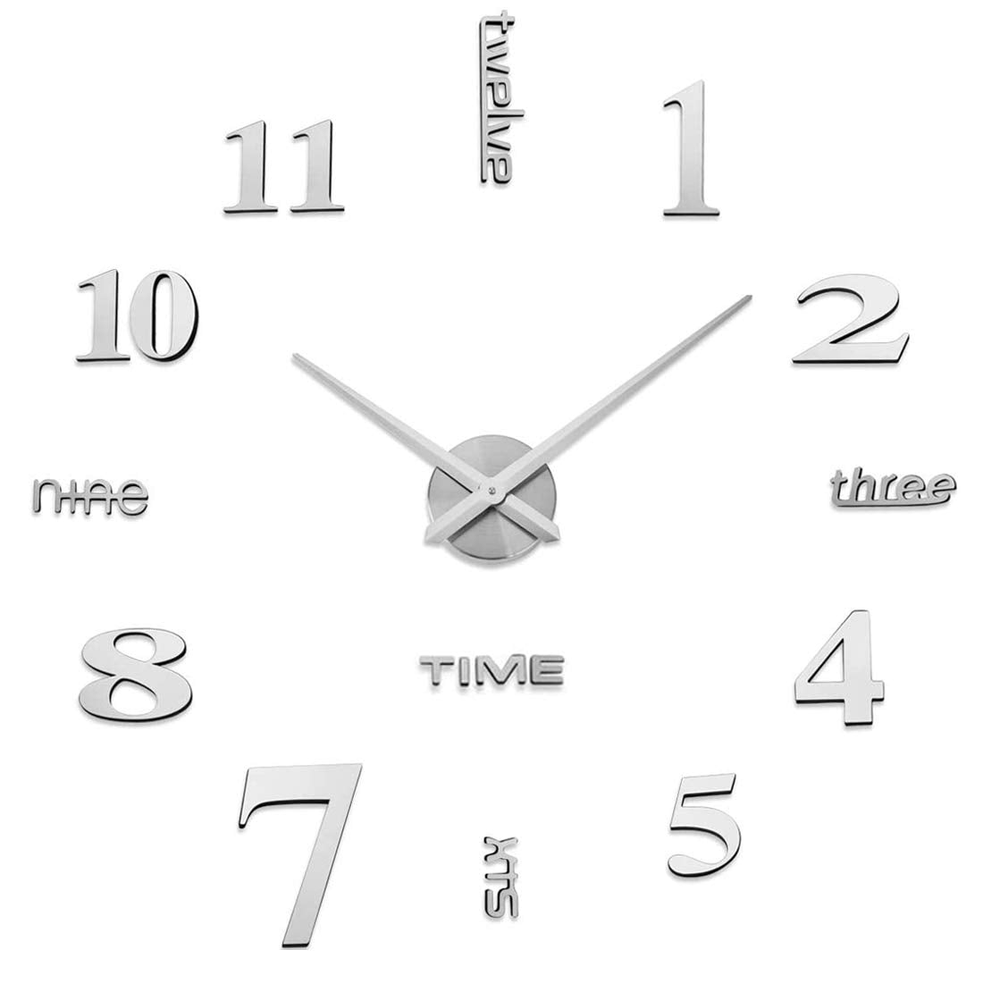 AILILIFE 3D DIY Wall Clock Decor Sticker Mirror Frameless Large DIY Wall Clock Kit for Home Living Room Bedroom Office Decoration (Sliver)