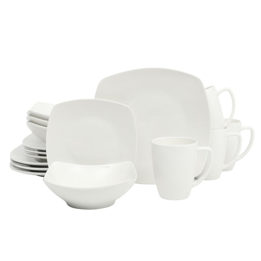 Gibson Home Zen Buffet Porcelain Chip and Scratch Resistant Dinnerware Plates, Bowls, and Mugs Set, Service for 4 (16pcs), White (Square Dishes)