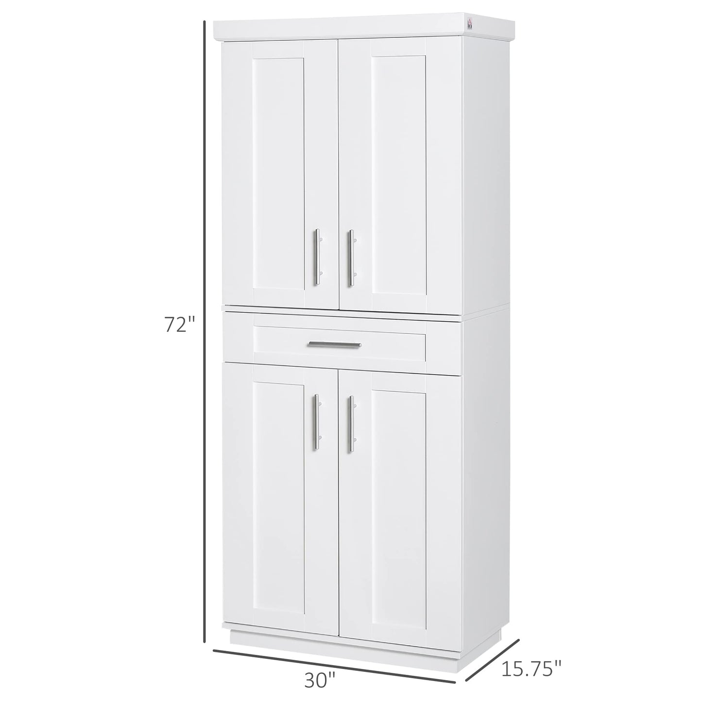 HOMCOM 72" Kitchen Pantry Cabinet, Freestanding Tall Storage Cabinet with 4 Doors, Drawer and 3 Adjustable Shelves for Dining Room, White