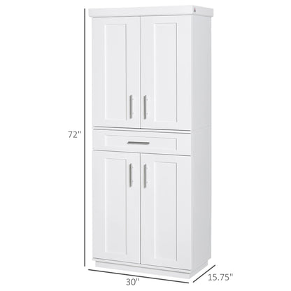 HOMCOM 72" Kitchen Pantry Cabinet, Freestanding Tall Storage Cabinet with 4 Doors, Drawer and 3 Adjustable Shelves for Dining Room, White