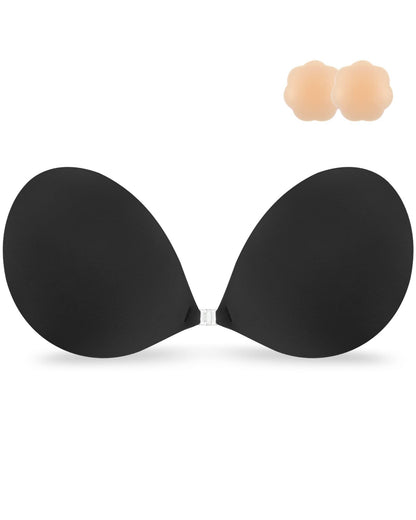 Niidor Adhesive Bra Strapless Sticky Invisible Push up Silicone Bra for Backless Dress with Nipple Covers (A Cup) Black