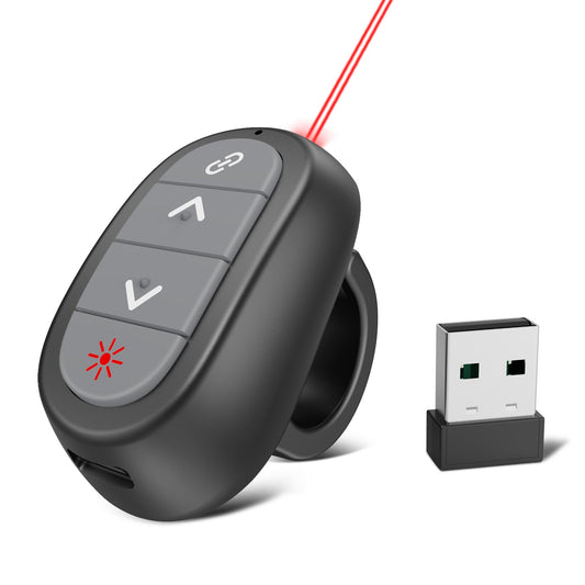 Presentation Clicker Wireless Presenter Remote: USB Rechargeable Finger Ring Clicker for PowerPoint Presentations, PowerPoint Clicker with Laser Pointer, Multi-OS Compatible