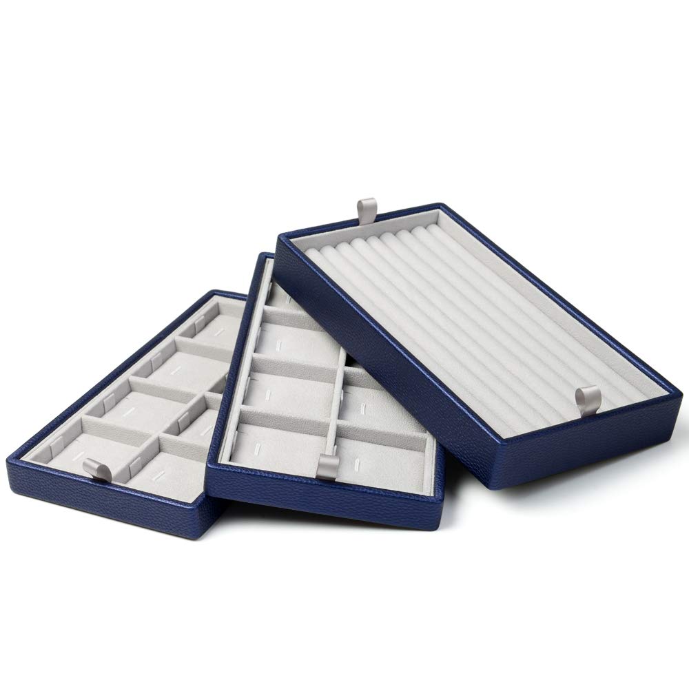 Oirlv Blue Leather Jewelry Box Handmade Travel Jewelry Organizer Storage Case Holder For Girl Lady Earring,Ring,Necklace,Pendant,Watch,Bracelet.(3 layers)