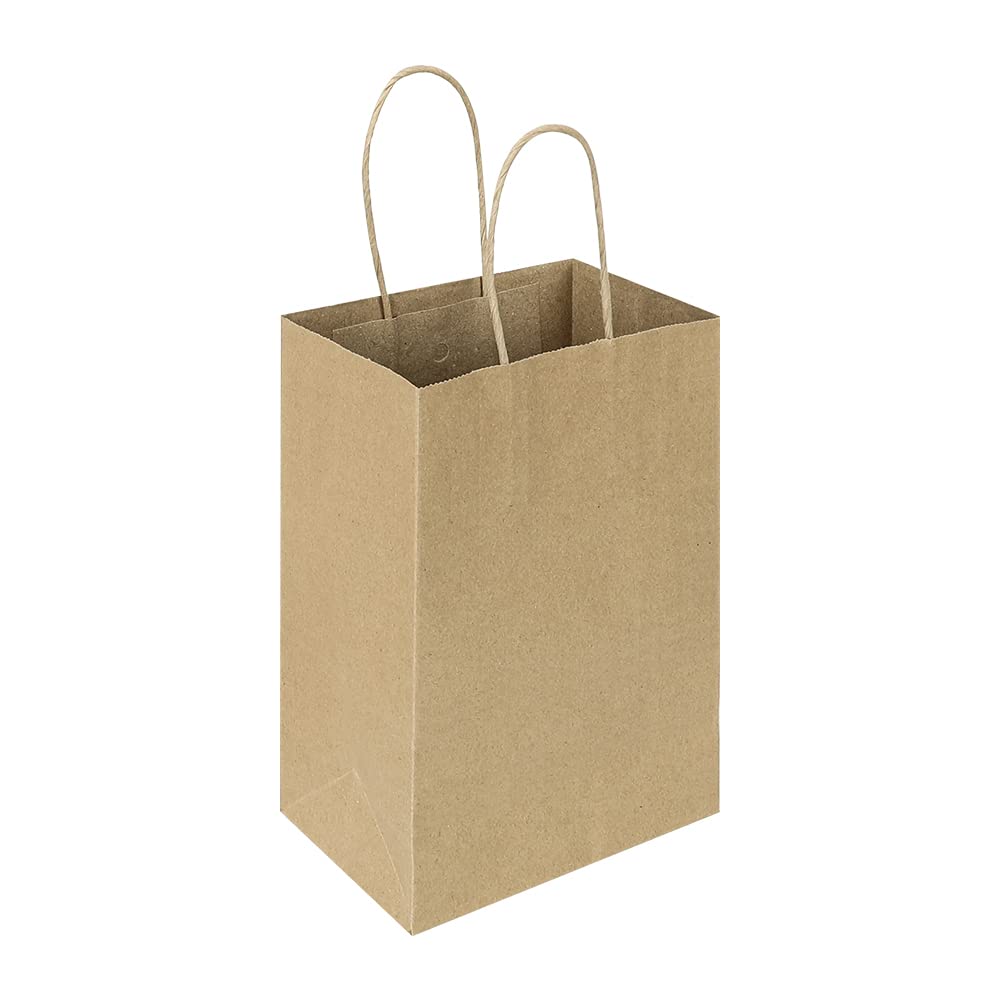 Oikss 100 Pack 5.25x3.25x8.25 Inch Small Plain Natural Kraft Paper Gift Bags with Handles Bulk for Birthday Party Favors Grocery Retail Shopping Business Goody Craft Bags Cub Sacks (Brown 100 Count)