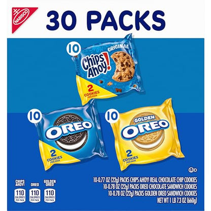 Nabisco Sweet Treats Cookie Variety Pack OREO, OREO Golden & CHIPS AHOY!, School Snacks, 30 Snack Packs (2 Cookies Per Pack)