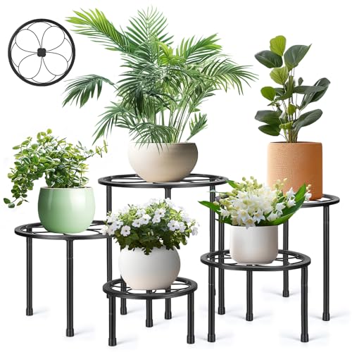 Amaoot 5 Pack Metal Plant Stand, Anti-Rust Iron Plant Stands for Indoor and Outdoor, Heavy Duty Flower Pot Stands for Multiple Plant, Black Potted Plant Holder for Garden Home (5 Pack Black)