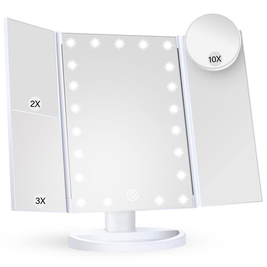 HUONUL Makeup Mirror Vanity Mirror with Lights, 2X, 3X, 10X Magnification, Touch Control, Trifold, White, 9.4" L x 13.4" W, Modern Style, Dresser Mount, Bathroom