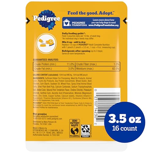 Pedigree High Protein Adult Soft Wet Dog Beef & Pork Tenderloin, 3.5 oz. Pouches, 16 Count