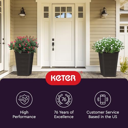Keter Set of 2 Resin Modern Outdoor 22 Inch Tall Large Flower Pots, Tapered Wood Look Planters for Outdoor Plants and Front Porch Decor, Graphite