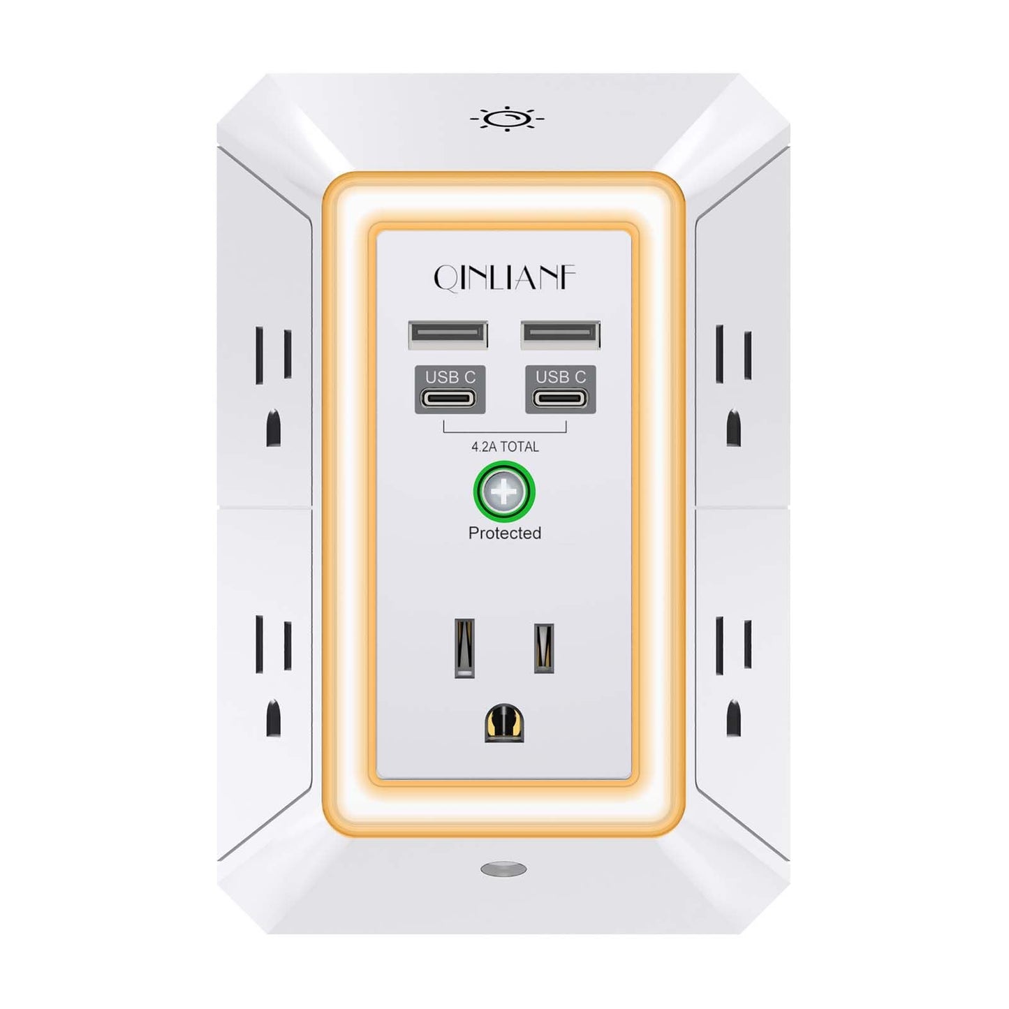 3-Sided Outlet Extender with Night Light - QINLIANF Multi Plug Outlet with 5 Outlets and 4 USB Ports(2 USB-C), USB Wall Charger for Home, Office, Travel, ETL Listed, White