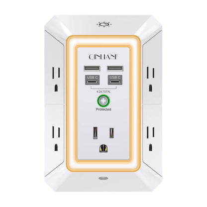 3-Sided Outlet Extender with Night Light - QINLIANF Multi Plug Outlet with 5 Outlets and 4 USB Ports(2 USB-C), USB Wall Charger for Home, Office, Travel, ETL Listed, White