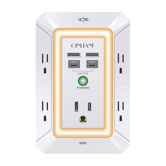 3-Sided Outlet Extender with Night Light - QINLIANF Multi Plug Outlet with 5 Outlets and 4 USB Ports(2 USB-C), USB Wall Charger for Home, Office, Travel, ETL Listed, White