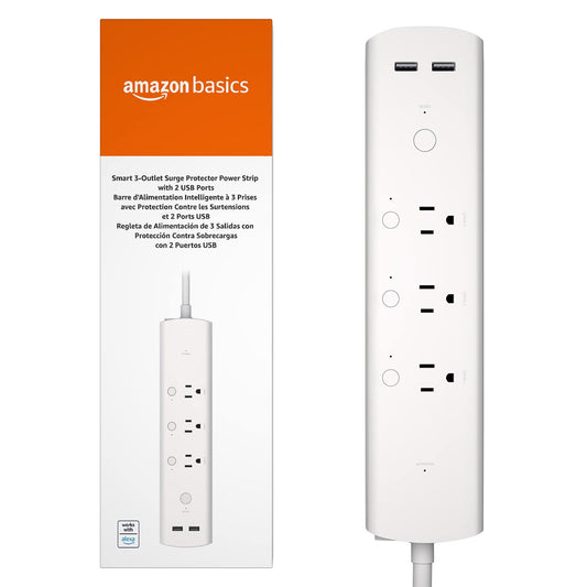 Amazon Basics Smart Plug Power Strip with 3 Individually Controlled Outlets and 2 USB-A Ports, Works with Alexa Only, 2.4 GHz Wi-Fi, No Hub Required, White
