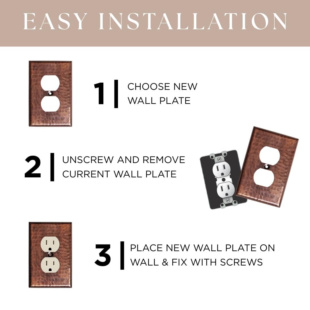 Monarch Abode 1-Gang Duplex Wall Plate, Hand Hammered Pure Copper Decorative Outlet Covers, Electrical Outlet Cover Plates, Pure Copper