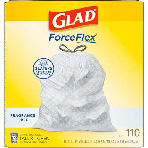 Glad ForceFlex Tall Kitchen Drawstring Trash Bags, 13 Gal, Fragrance Free, 110 Ct (Package May Vary)