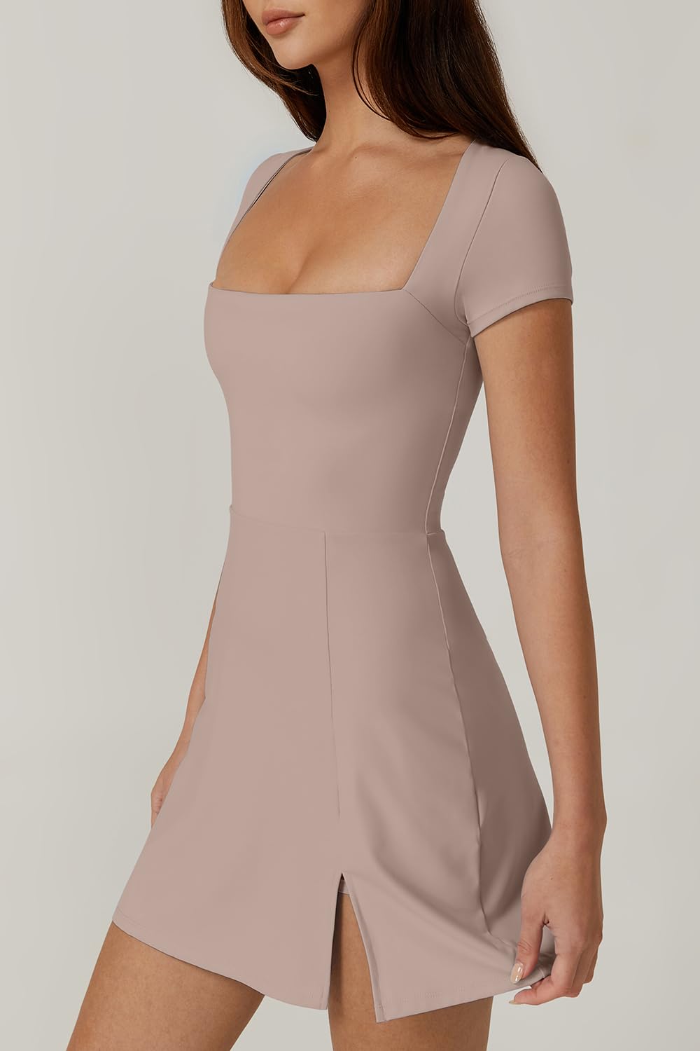 QINSEN Exercise Workout Dress for Women Square Neck Short Sleeve Flare Tennis Dress with Shorts Pockets Rose Taupe M
