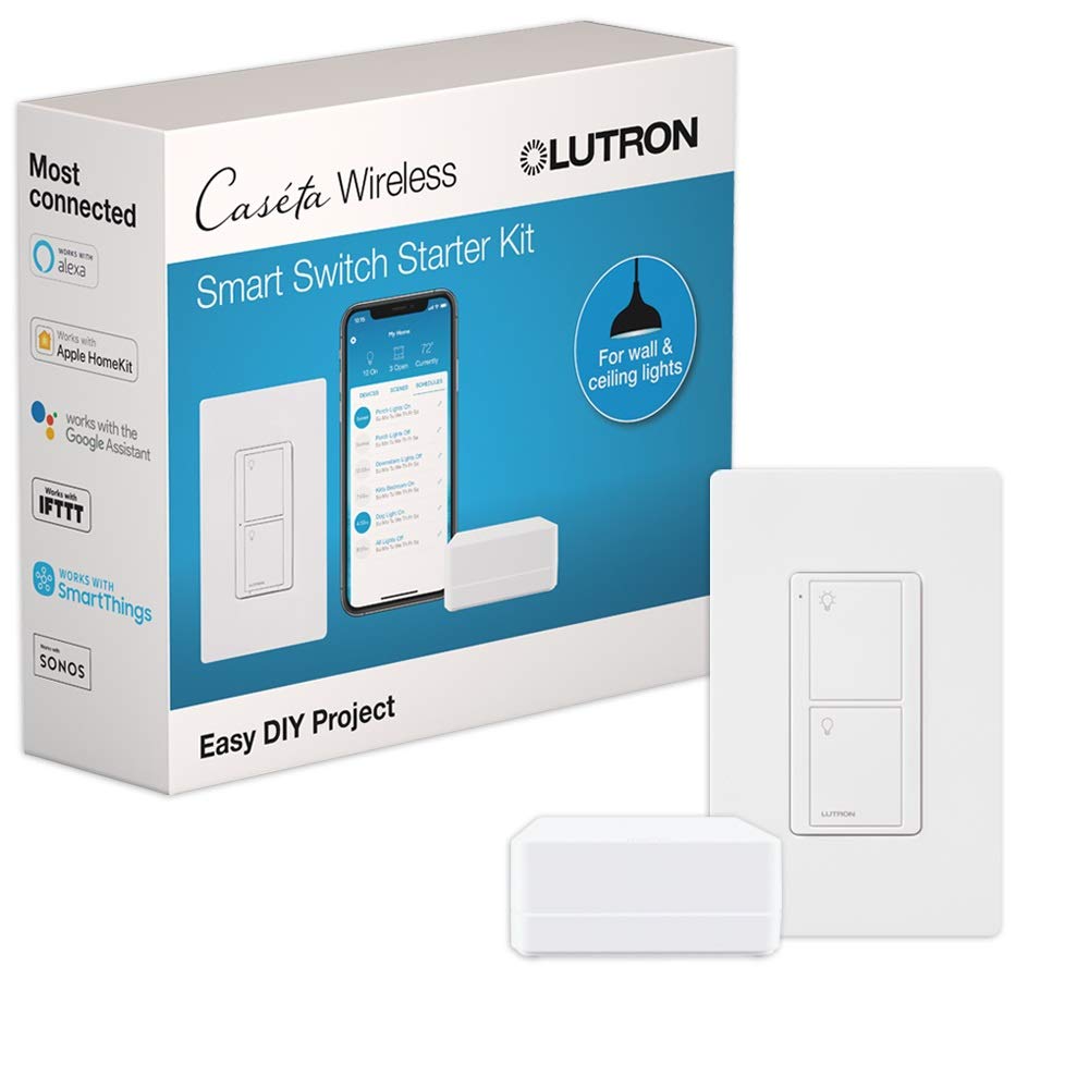 Lutron Caseta Original Smart Light Switch Kit w/ Wall Plate and Smart Hub, Compatible w/ Alexa, Apple Home, Google Home, Single-Pole/3 Way, 5 Amp, P-BDG-PKG1WS