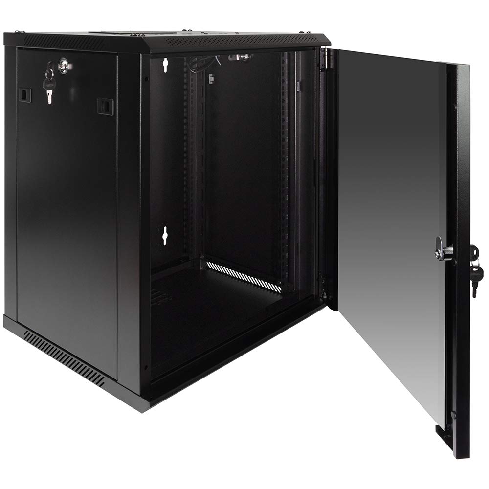 NavePoint 12U Server Rack Enclosure with Glass Door, Cooling Fan, Locks, & Removable Side Panels - 12U Wall Mount Network Cabinet 19 Inch Rack 17.7" Deep (450mm)