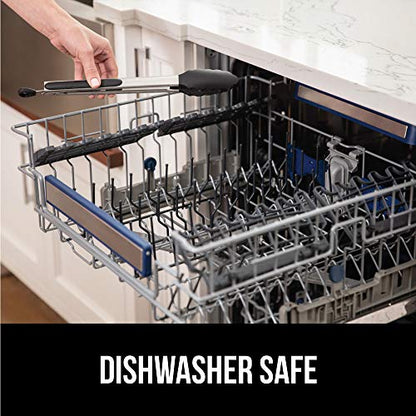 GORILLA GRIP Stainless Steel Heat Resistant Kitchen Tongs for Cooking, Set of 2 BBQ Tong, Non Scratch Silicone Tip for Pans, Strong Grip, Grab Food, Toss Salad, Air Fryer, Pull Lock, 7 + 9 Inch, Black