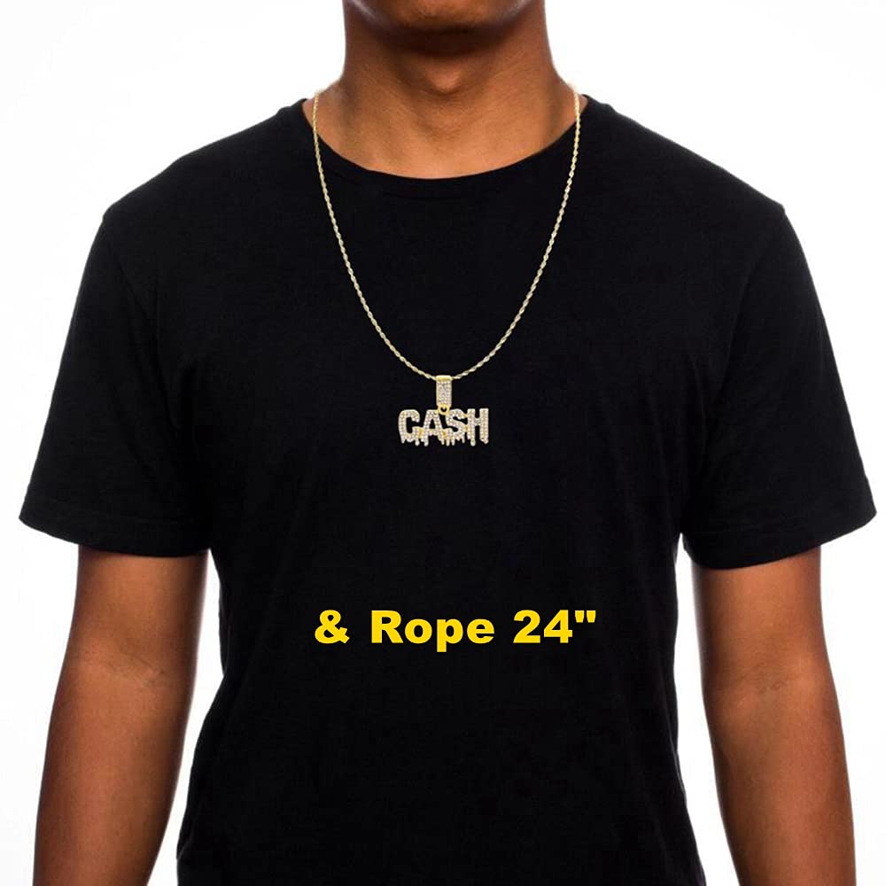 HH BLING EMPIRE Iced Out Name Pendant Chain Necklaces for Men Gold Silver Diamond Letter Necklace Hip Hop Cash Rope Chains 24 Inch (Cash-Gold,& Rope)