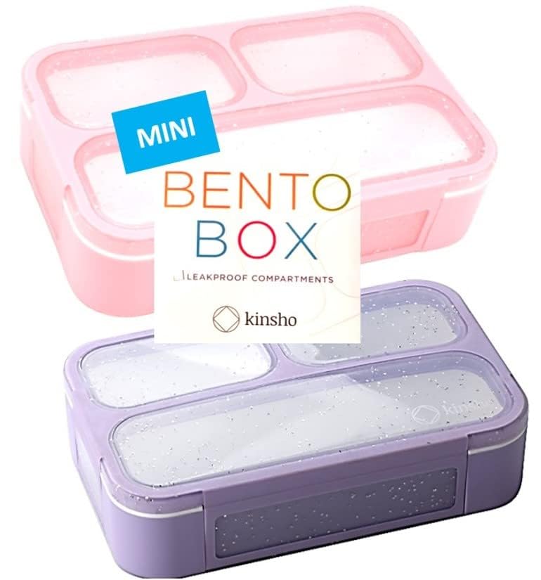 Kids Glitter Snack Container - Mini Bento Lunch-Box, Small Leakproof Container Boxes for Toddlers Girls Snacks Lunches, 3 Compartment - School Daycare Portion Containers, Pink Purple Sparkle Set of 2
