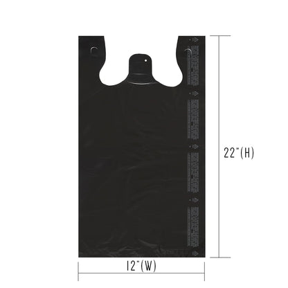 Platree Large Plain Black (400 Count) Embossed T-Shirt Bag, 12 inch X 7 inch X 22 inch, 17 mic, Black Bags with Handled, Bulk, Grocery, Retail, Heavy Duty