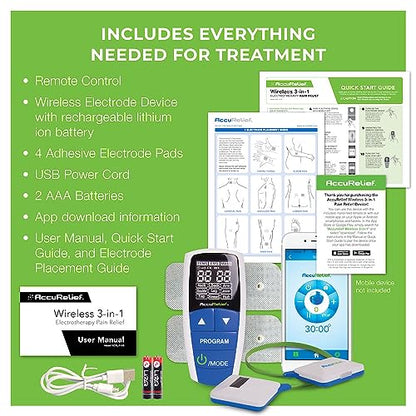 AccuRelief Wireless Tens Unit and EMS Muscle Stimulator - Includes Pulse Massager - Pain Relief Device with Remote and Mobile App, TENS Machine, TENS Device