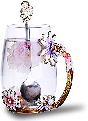 Luka Tech Enamel flower Lead-free Glass Coffee Mugs Tea Cup with Steel Spoon, Best Birthday Gifts For Women Wife Mom Friends Mothers Valentines Day Christmas