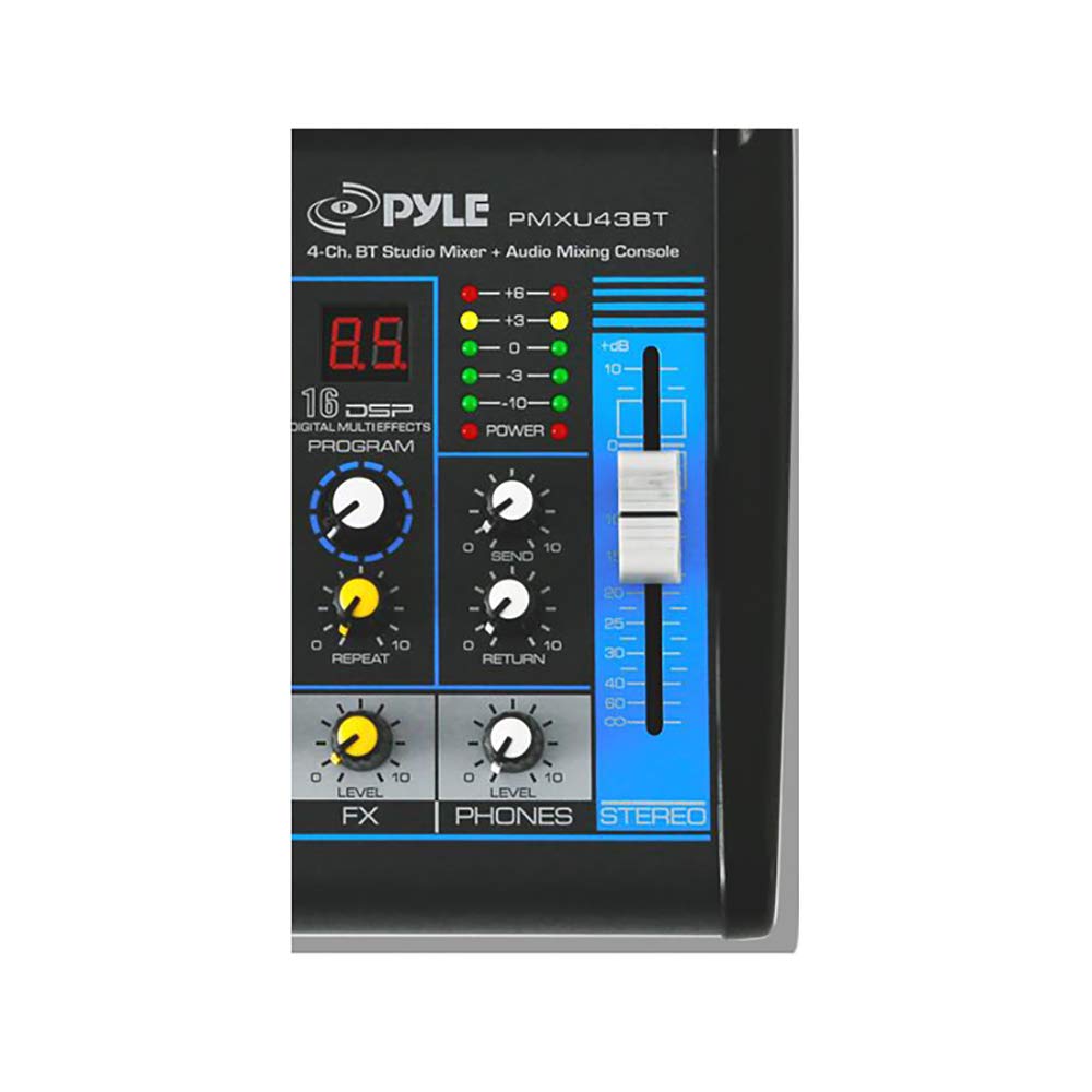 Pyle Professional Audio Mixer Sound Board Console System - Interface 4 Channel Digital USB Bluetooth MP3 Computer Input 48V Phantom Power Stereo DJ Studio Streaming FX 16-Bit DSP processor - PMXU43BT