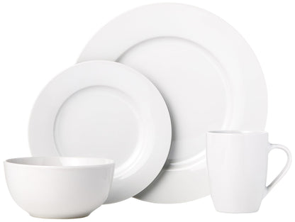 Amazon Basics 16-Piece Porcelain Kitchen Dinnerware Set with Plates, Bowls and Mugs, Service for 4 - White