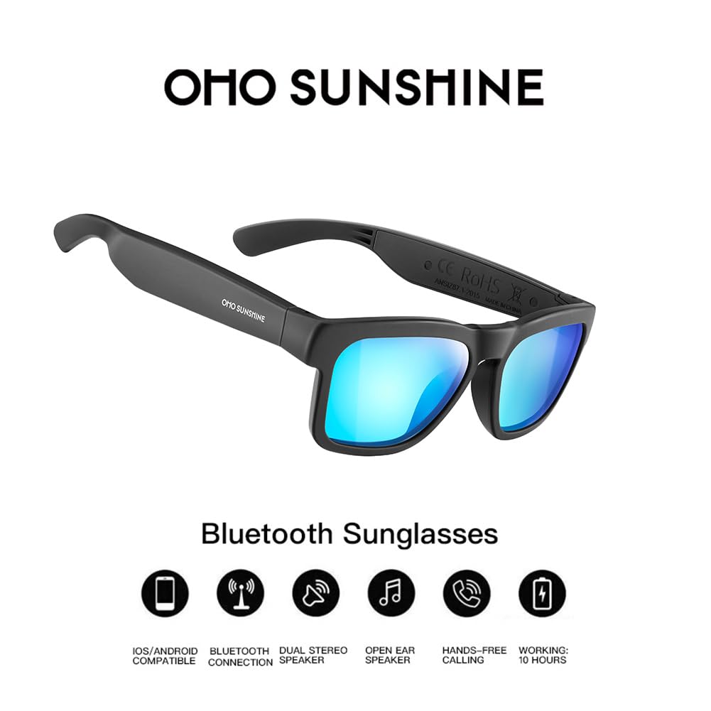OhO Smart Glasses,Polarized Sunglasses with Bluetooth Speaker,Athletic/Outdoor UV Protection and Voice Control,Unisex(Mirror Blue Lens)