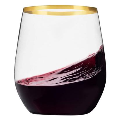 Munfix Plastic Stemless Wine Glasses with Gold Rim, Disposable Clear Plastic Cups 12 Oz - 24 Pack - Shatterproof Recyclable and BPA-Free