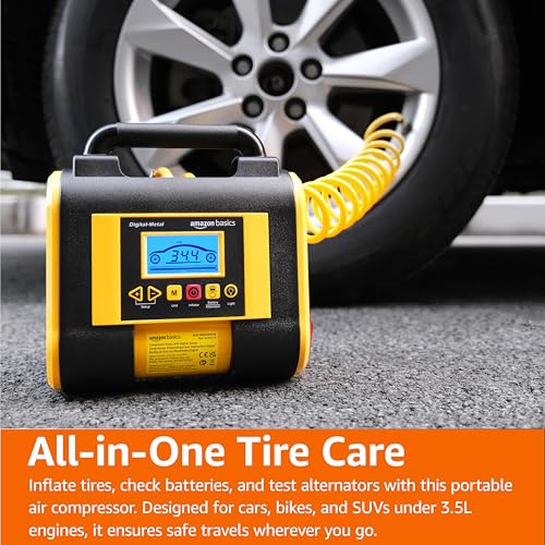 Amazon Basics Portable Car Tire Inflator with Digital Pressure Gauge, 150 PSI, 12V DC, Black