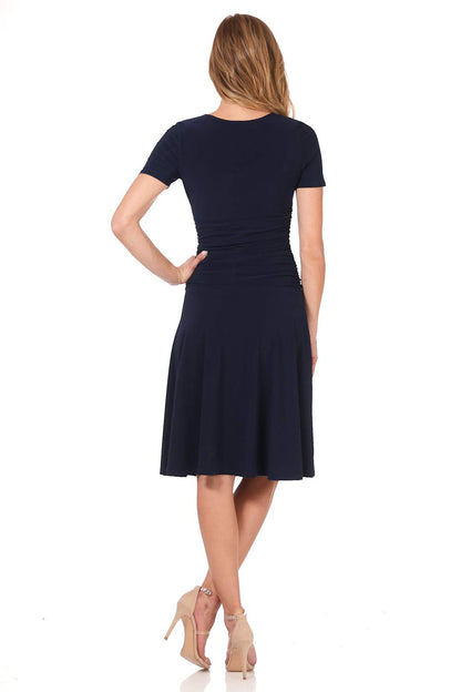 Rekucci Women's Slimming Short Sleeve Fit-N-Flare Crossover Tummy Control Dress (8 Short, Navy)