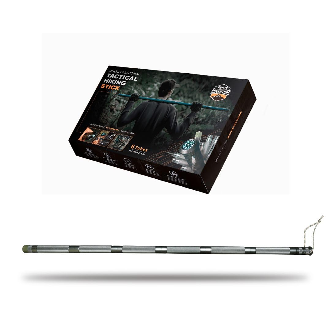 Prime Adventure Hiking Tactical Stick Walking Staff - Outdoor Multitool Gear Trekking Pole Collapsible Retractable Premium 15 in 1 | 8 Tubes
