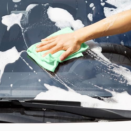 Amazon Basics Microfiber Cleaning Cloths, Ultra Soft and Absorbent, Free from Streaks/Lint/Scratch for Cars, 16" x 12", Green/Gray/Pink, 24-Pack