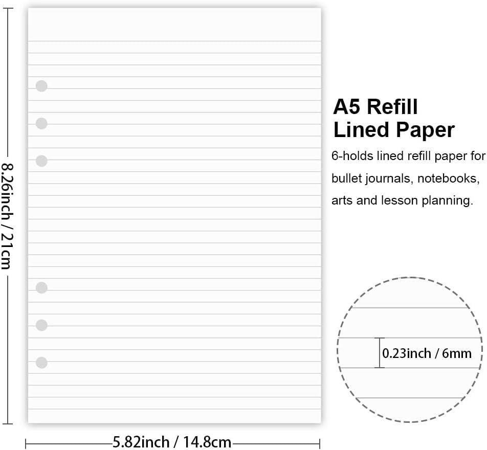 (5 Pack) A5 Lined Refills Paper for Filofax Planner/Binders/Organizer, 6 Hole Punched, Total 500 Sheets/1000 Pages, 100gsm, White, 5.8 x 8.2 Inch Filler Paper
