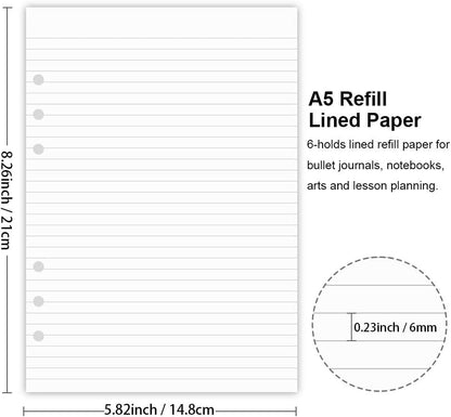 (5 Pack) A5 Lined Refills Paper for Filofax Planner/Binders/Organizer, 6 Hole Punched, Total 500 Sheets/1000 Pages, 100gsm, White, 5.8 x 8.2 Inch Filler Paper