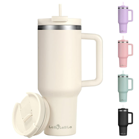 Labulabla 40oz Tumbler with Handle,Double Wall Vacuum Reusable Stainless Steel Insulated Water Bottle,With Leak Proof lid and Straw for Iced or Cold Beverages (Beige)