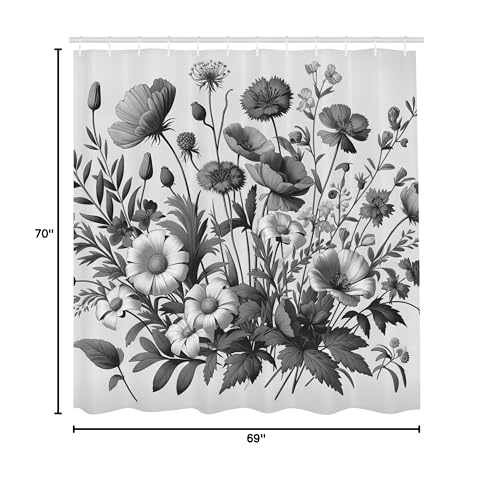 Ambesonne Grey Shower Curtain, Farmhouse Botany Scene with Muted Tones Drawn Wildfloral and Grayscale Leaves, Cloth Fabric Bathroom Decor Set with Hooks, 69" W x 70" L, Dark Eggshell Pearl