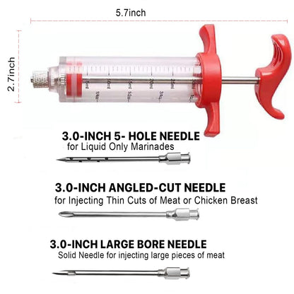 Meat Injector Syringe - 3 Marinade Injector Needles for BBQ Grill, Premium Portable Turkey Injector kit for Smoker,Marinades Injector for Meats With 1oz Large Capacity 1 Brush Easy to Use & Clean Red