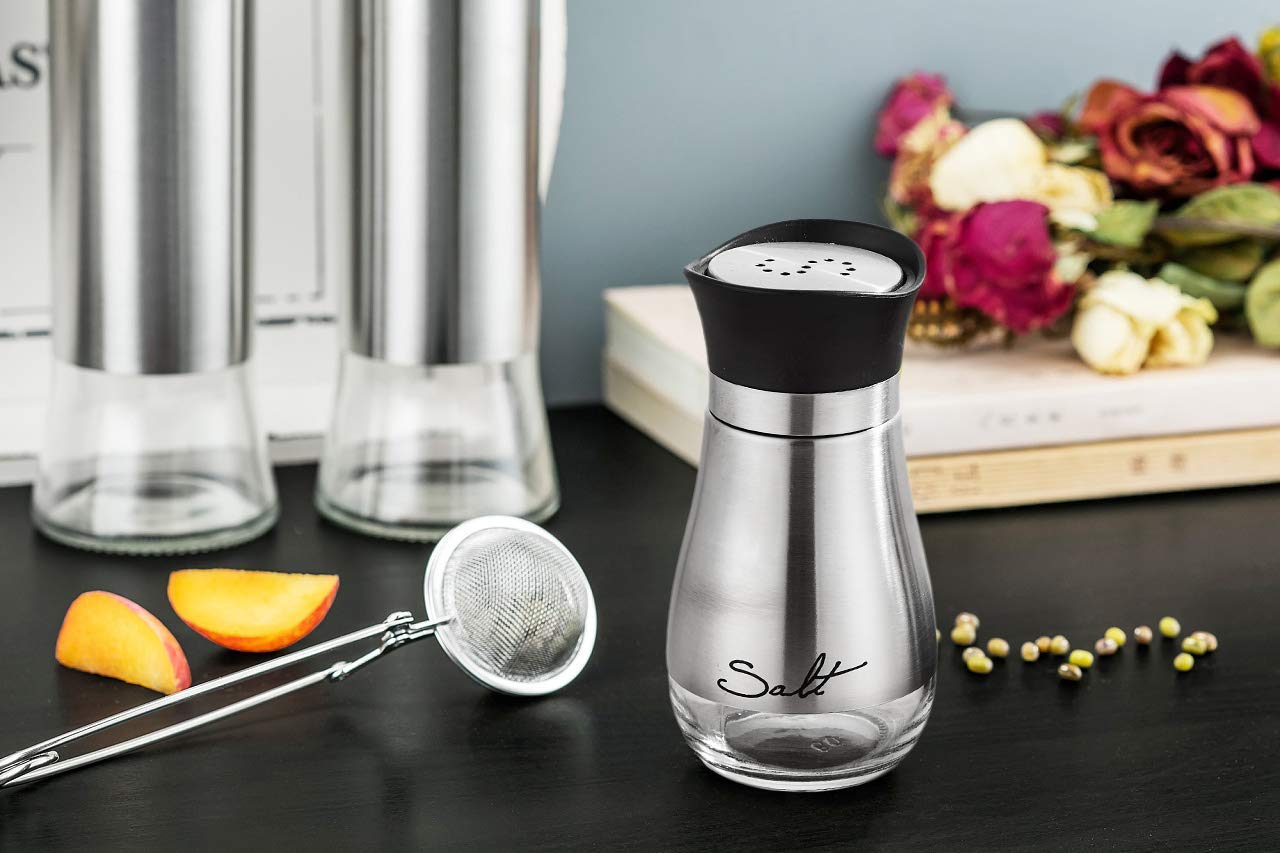Lonffery Salt and Pepper Shakers Set, Stainless Steel Salt Containers with Glass Bottle for Table, RV, Camp, BBQ, Set of 2