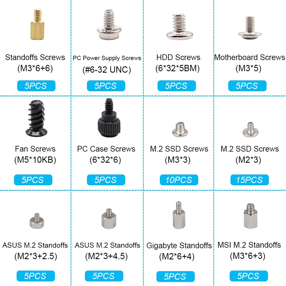 M.2 Screws, Motherboard Screw for Asus Gigabyte Asrock MSI Motherboards, Computer Screws for HDD, SSD, Fan, Power Supply, PC Case - PC Screws, M.2 Standoff and Screw